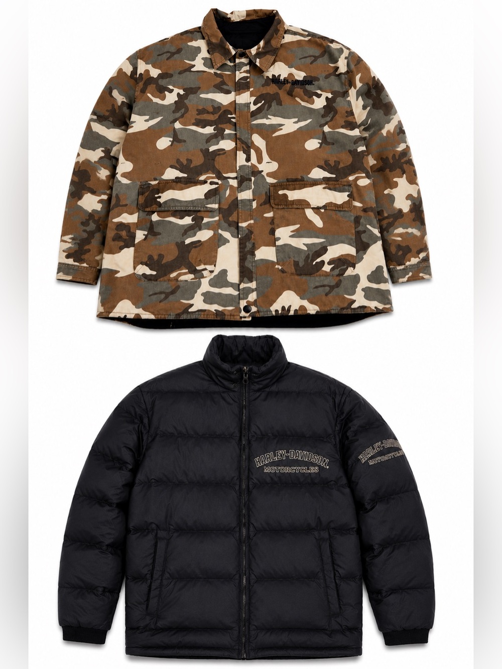 Harley Davidson 2006 Reversible Camo Duck Down Puffer Jacket Men’s XL Y2K